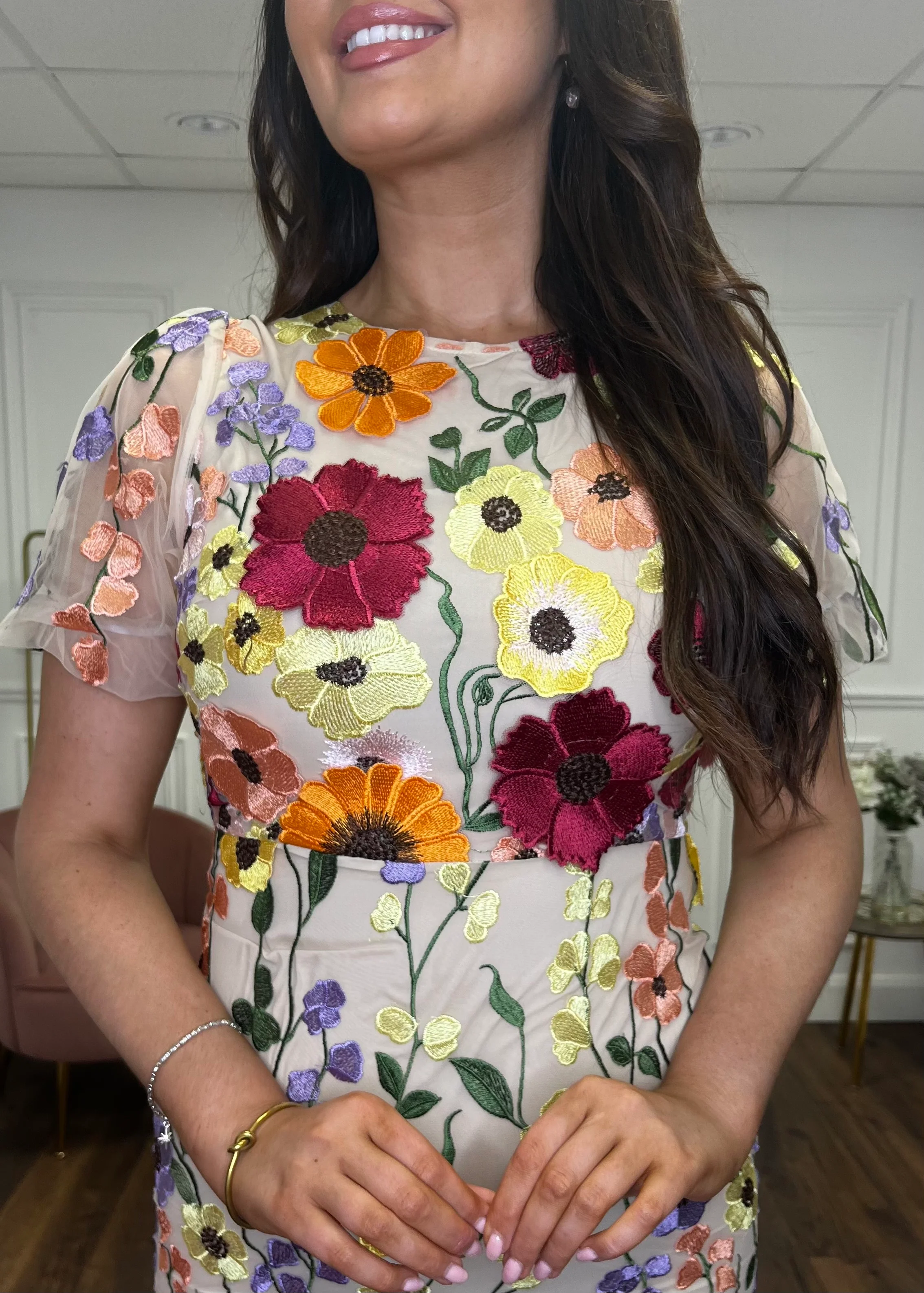 “Polly” Dress With 3D Floral Print And Nude Underlay - Image 2